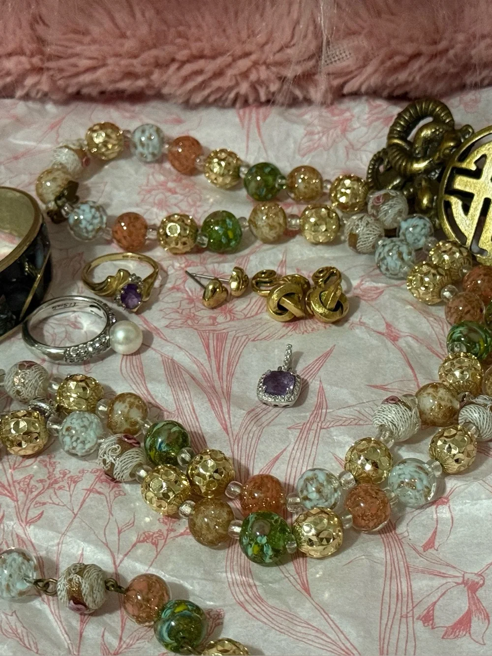 Vintage Rosary Beads(Multicolor Glass & Gold Bead Necklace) Bundle